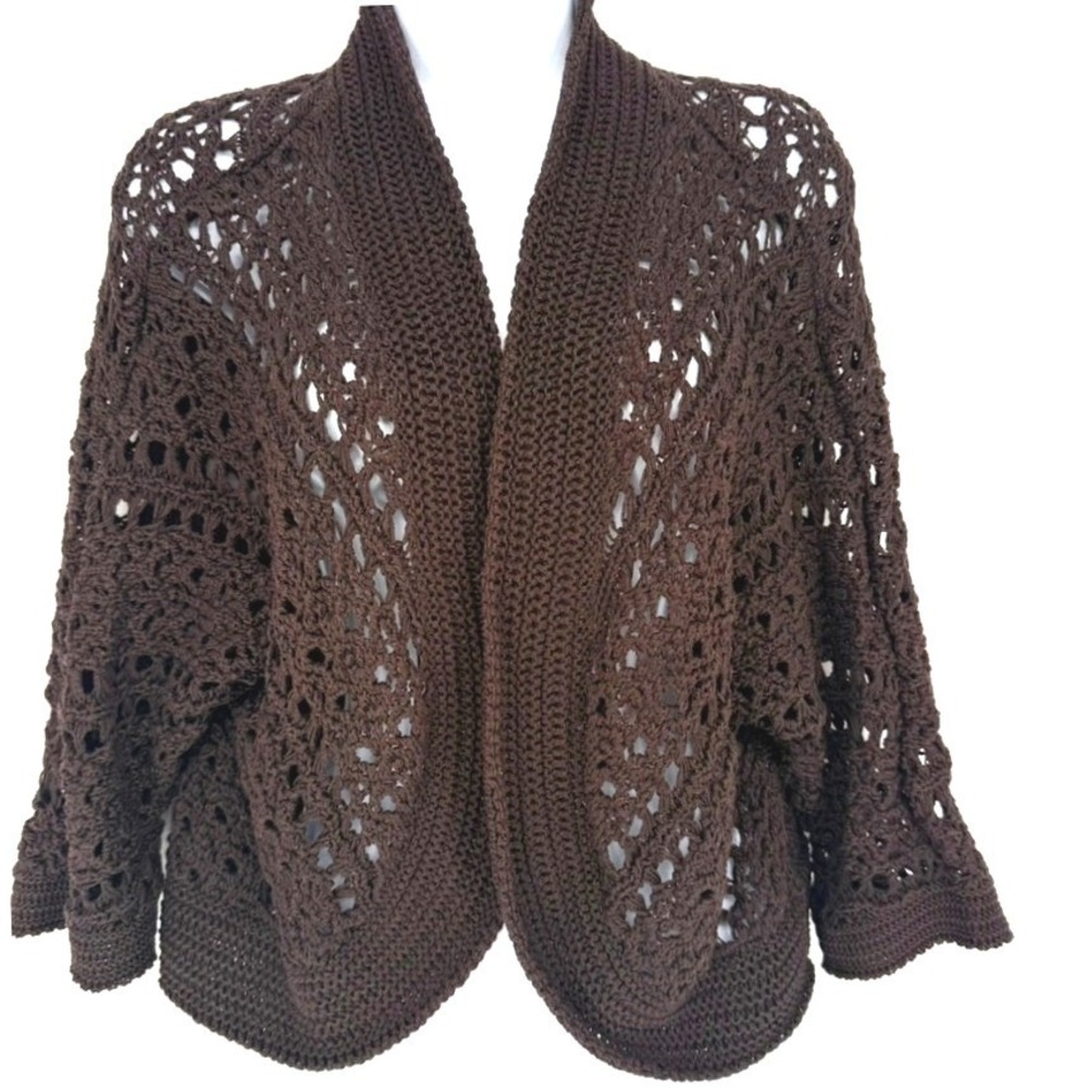 Dana Buchman Brown Crochet Open Knit Cardigan XL Boho Lagenlook Cotton